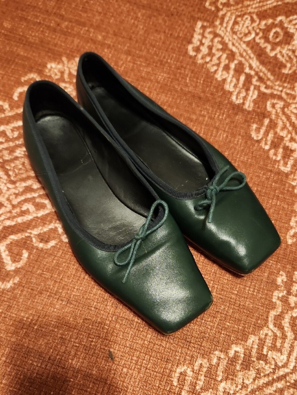 Mansur Gavriel Square Tow Dark Green Leather Ballet Flats with Bow - Picture 4 of 4